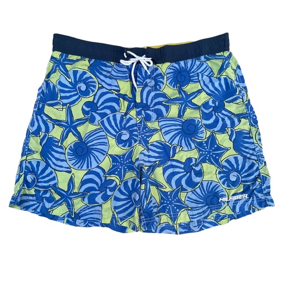 Vintage Tommy Hilfiger Blue Seashell Starfish Beach Swim Trunks - Picture 1 of 11
